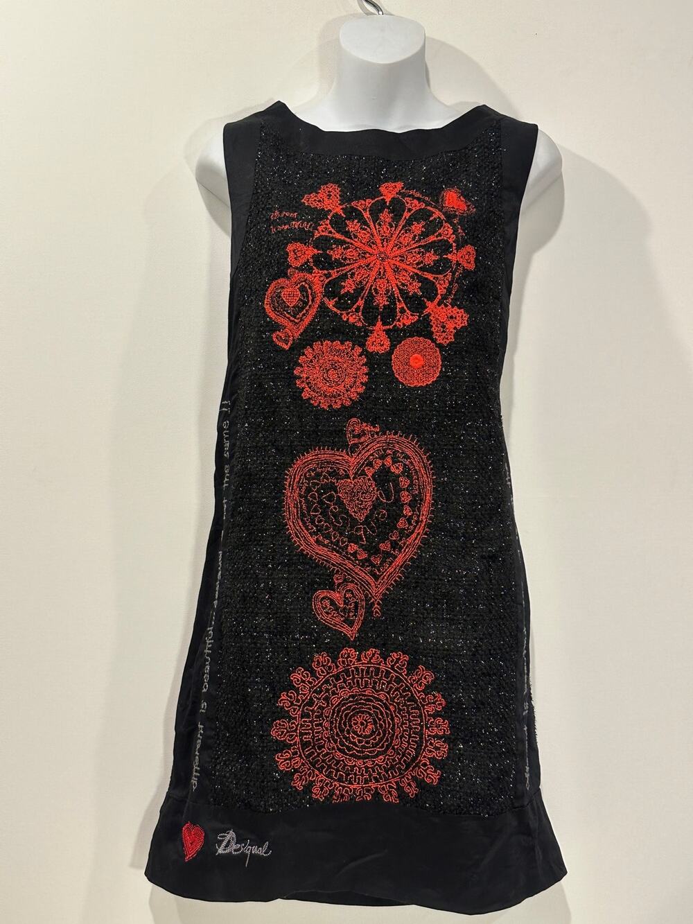 Vintage Desigual Black Boucle Tweed Red Embroidered Sleeveless Shift Dress 42